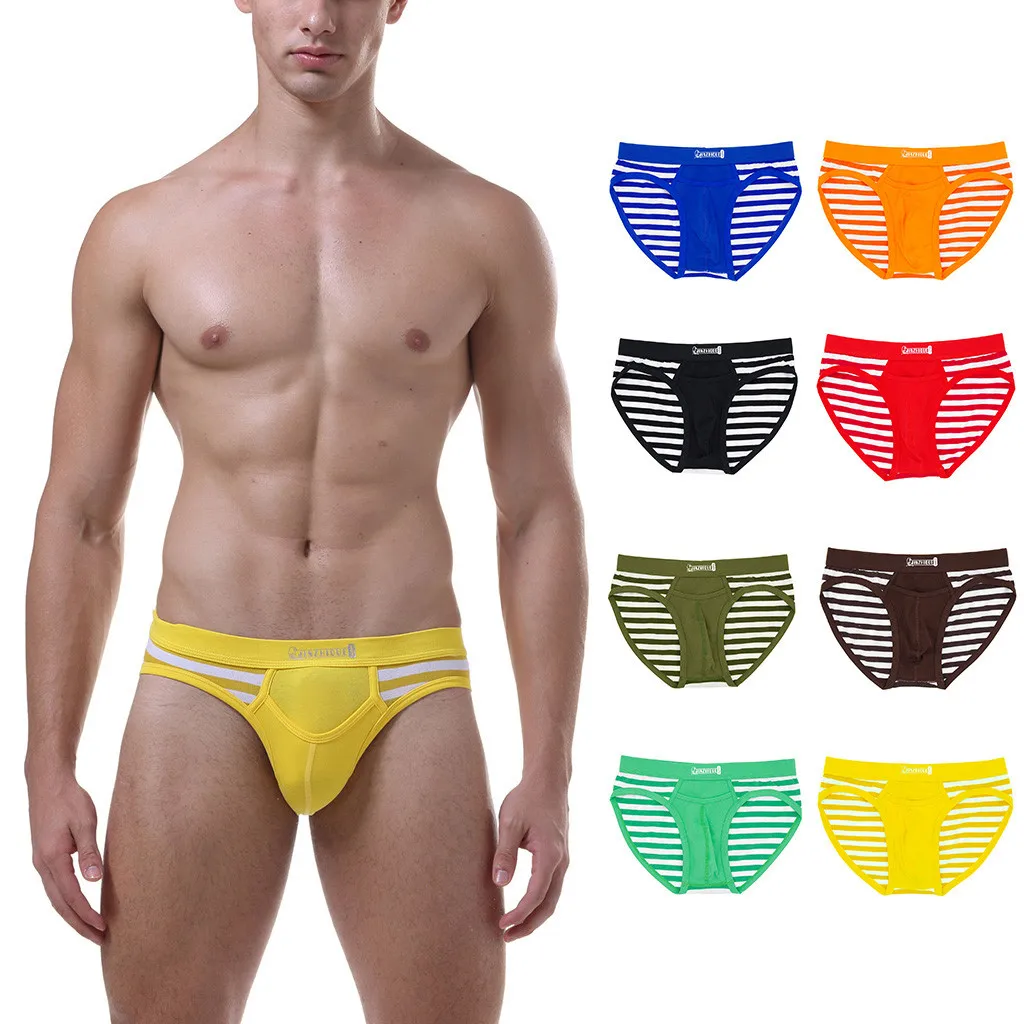 

2019 New gay underwear Men's Soft Stripe Splicing Underpants Soft Breathable Knickers Sexy Briefs cueca masculina