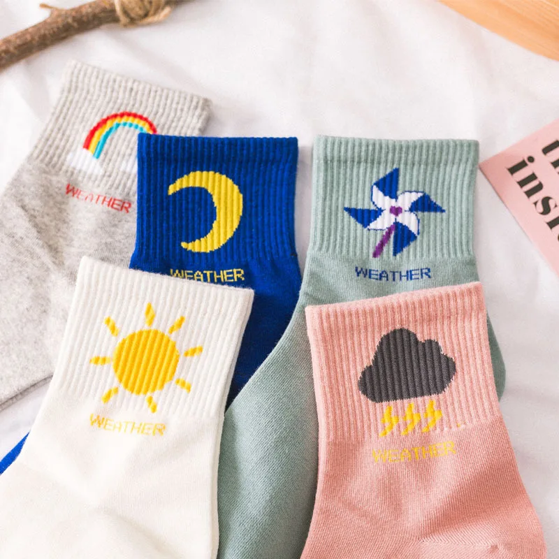 

2019 new fashion Korean women style long socks meia fun sun moon windmill rainbow pattern cotton socks cartoon weather socks