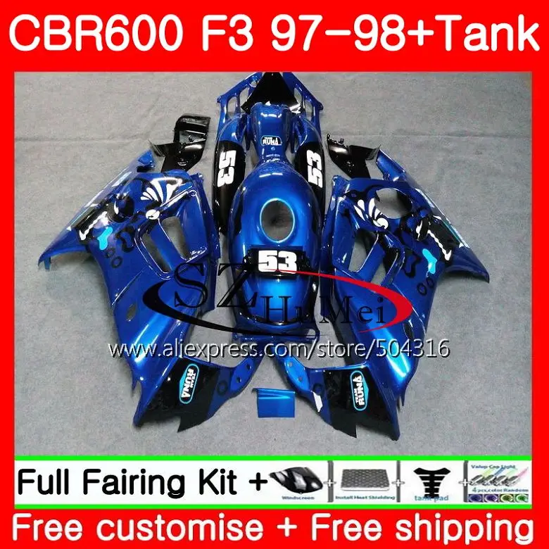 Корпус для HONDA CBR600F3 CBR600RR F3 CBR 600F3 глянцевый синий FS 47SH19 CBR600 F3 97 98 CBR600FS CBR 600 F3 1997 1998 обтекатели комплект