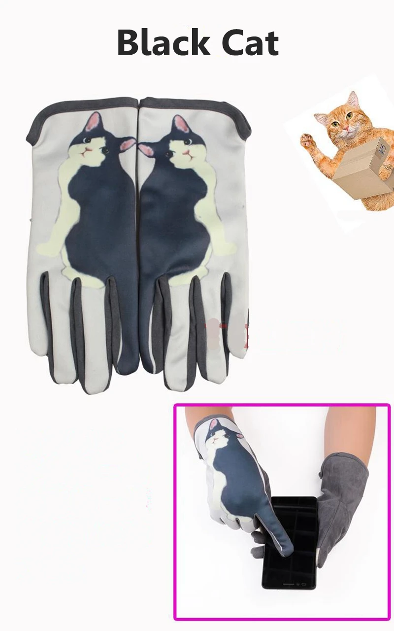 Прикосновения к экрану указательным пальцем по с ушками и хвостом кошки перчатки