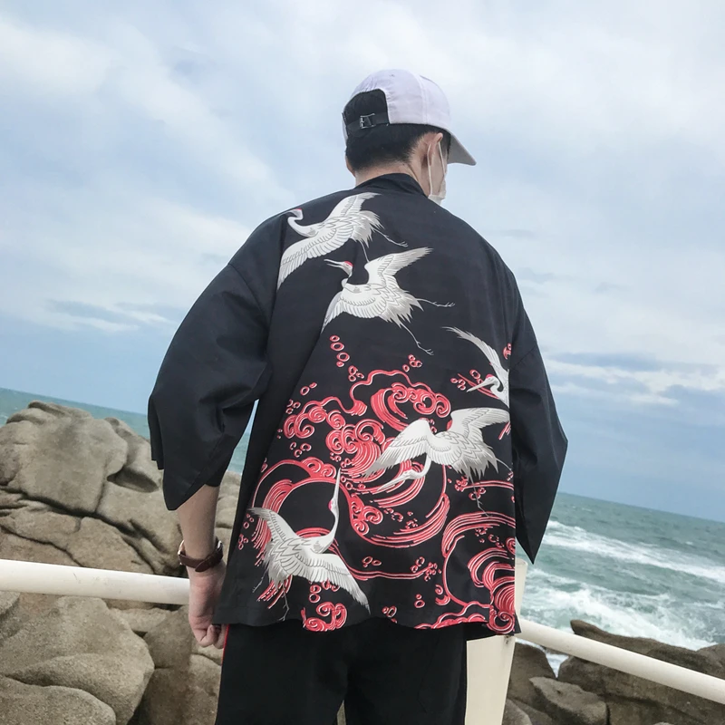 

Sun Protect Thin Style Kimono Jacket Men 2018 Summer Oversized Loose Style Men's Jacket Black