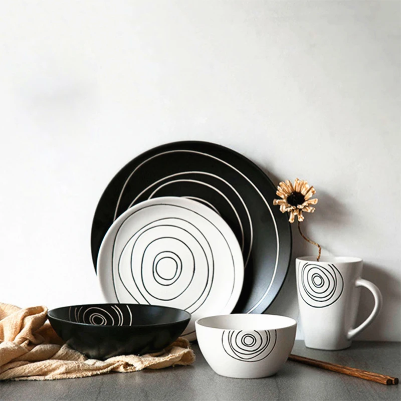 

European Matte Tableware Ceramic Tableware Dish Face Plate White Black Annual Ring Pattern Dish for Steak Dessert Salad Pasta
