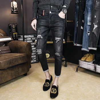 

2019 new black hole jeans men's youth stretch Slim feet pants male Korean version of the trend of small straight ankle pants
