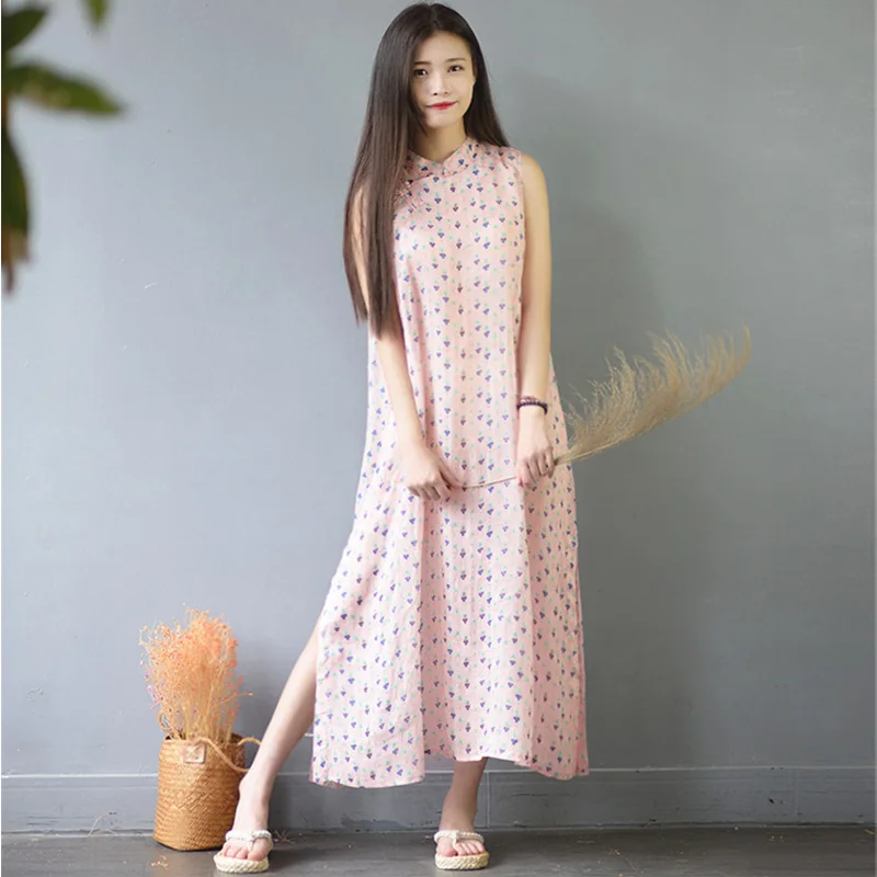 

SCUWLINEN Vestidos 2019 Women Summer Dresses Vintage Print Stand Collar Plate Buttons Sleeveless Long Ramie Dress Cute Robe S566