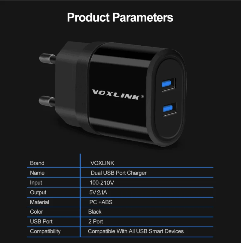 Сетевое зарядное устройство VOXLINK 5 в 2 1 А 21 Вт с двумя USB портами для путешествий usb