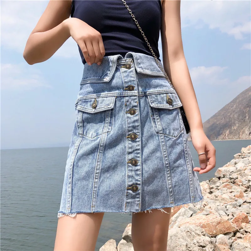 S-XL 2019 лето в Корейском стиле однобортный фасон КНОПКИ высокая талия джинсовые юбки линия Мини женские джинсовые юбки (Z5252)