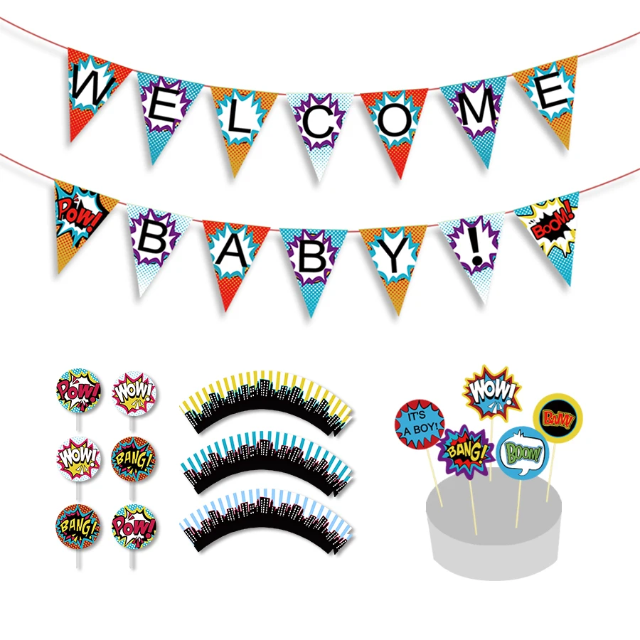 Superhero Baby Shower Banner Superhero Birthday Party Cupcake