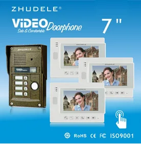 

ZHUDELE 3-apartments 7" Video Door Phone Doorbell Intercom Kit IR Night HD Camera with SD card Picture Record ID Card Unlock