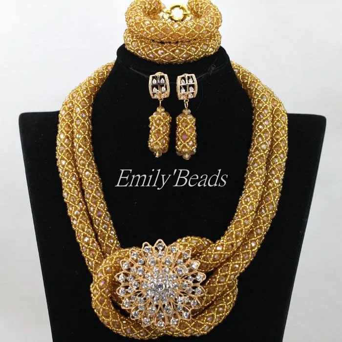 Роскошный, цвета шампань, золотистый африканские украшения бисер набор нигерийские Свадебные хрустальные бусины ожерелье набор женщин подарок ALJ130