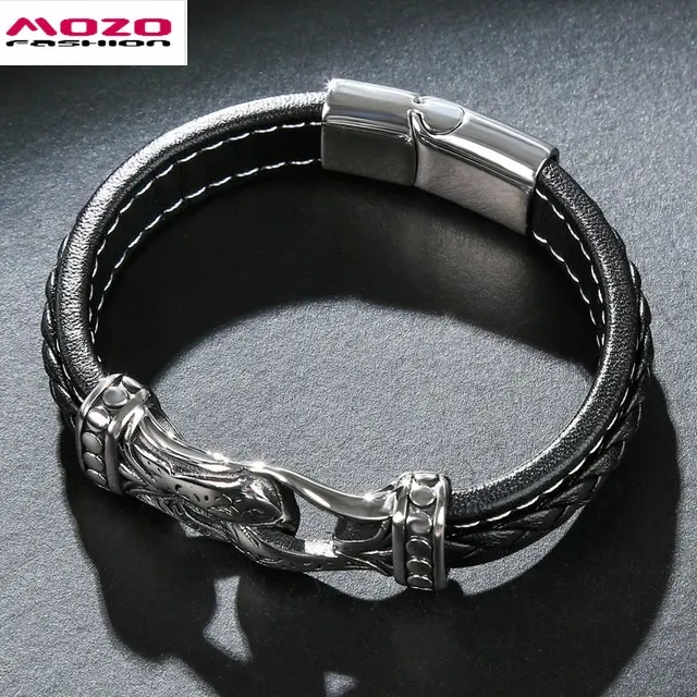 Mozo Fashion Custom Made Bracelet Men Jewelry Black Leather Mozo Fashion Custom Made Bracelet Men Jewelry Black Leather Stainless Steel Punk Sword Charm Magnet