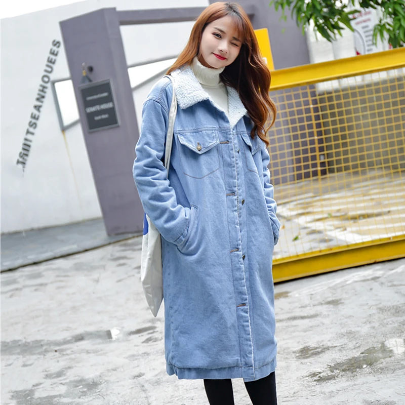 Chaqueta de mezclilla de estilo largo de las mujeres abrigo de tela de mezclilla gruesa de estilo largo cortavientos forro de felpa gruesa Parkas cálidas de mujer - 5