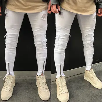 

Men Stylish Ripped Scratched Jeans Pants Biker Skinny Slim Straight Denim Pencil Long Trousers Leggings Pantalon S-3XL White