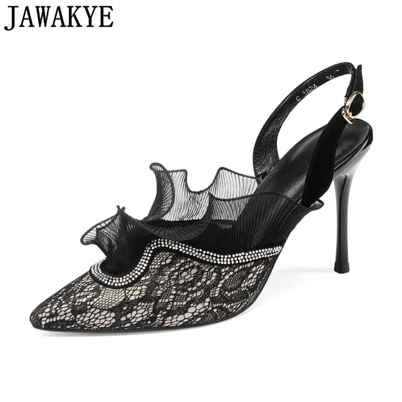 

Runway Rhinestone lace ruffles flowers Women Pumps slingback pointed Toe sexy summer sandals 9cm high heels Wedding Shoes