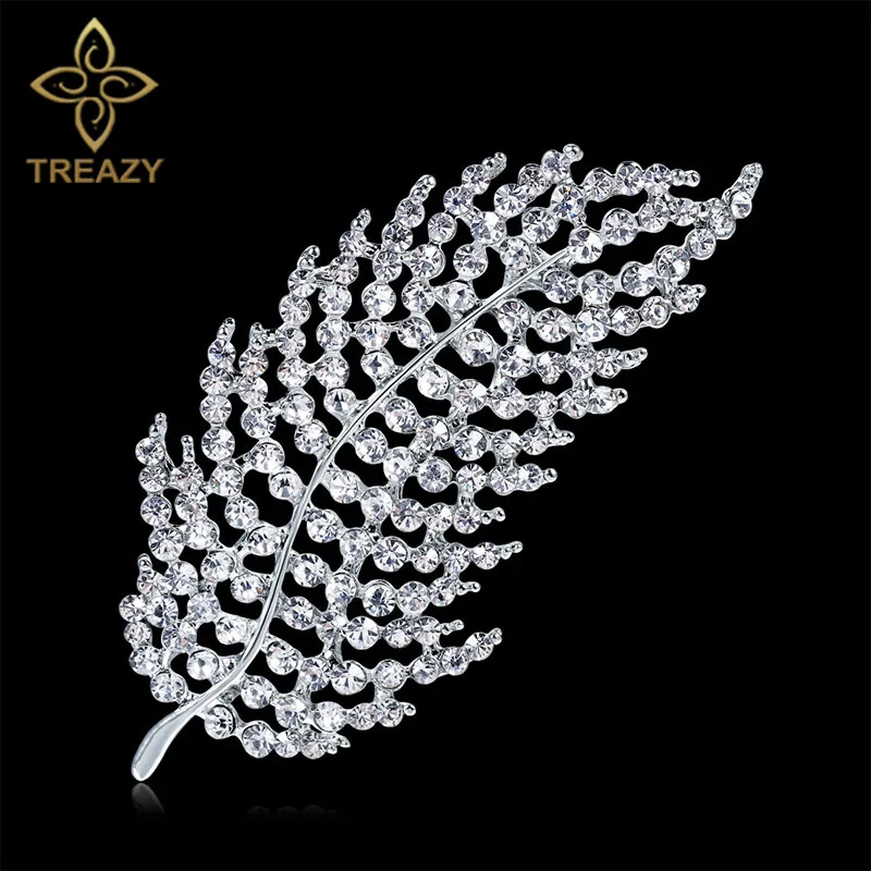 

TREAZY Vintage Crystal Bridal Fashion Feather Brooch Pin Silver Color Rhinestones Brooches & Pins Women Wedding Accessories