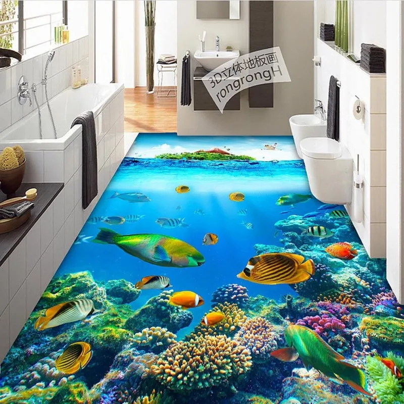 

Free Shipping Underwater world fish 3D floor wear non-slip thickened kitchen bedroom square bathroom living room flooring mural