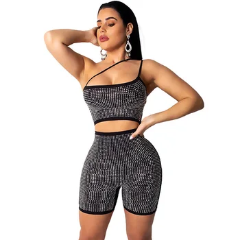 

2019 Summer One Shoulder Strappy Diamonds Jumpsuit Strapless Hollow Out Night Club Party Backless Women Romper Outfits Playsuits