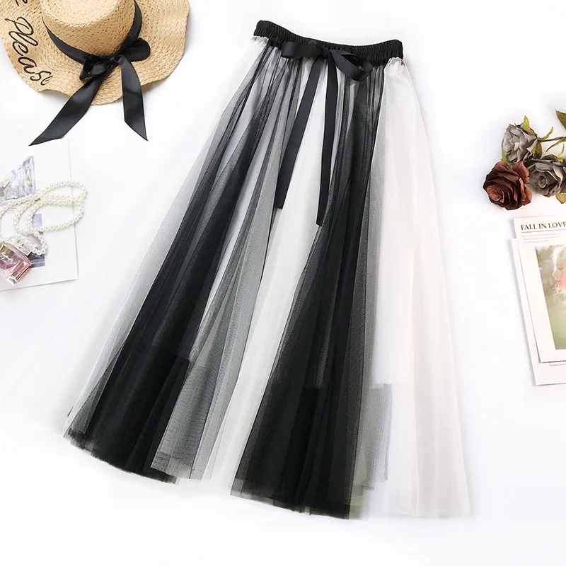 

Skirt Simple High-cold Temperament Color Matching Long Mesh Skirt Slim High Waist Skirt Big Swing Skirt A-Line