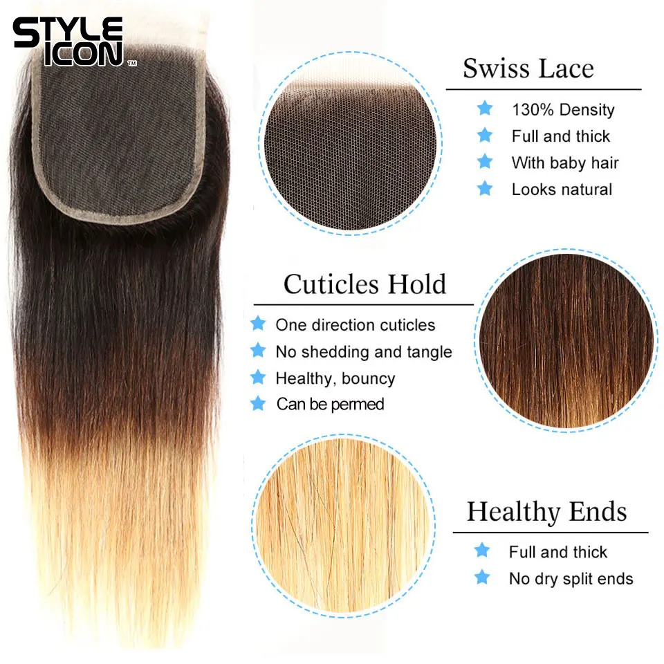 Styleicon Straight Hair Weave with Closure 3 Tone 1B/4/27 Honey Blonde Remy Hair Extensions with Closure Peruvian Hair Weaving