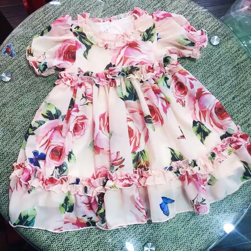 Летнее платье для девочек детское шифоновое платье vestidos платье для малышей пышные рукава с цветочным принтом rosa от 1 до 5 лет