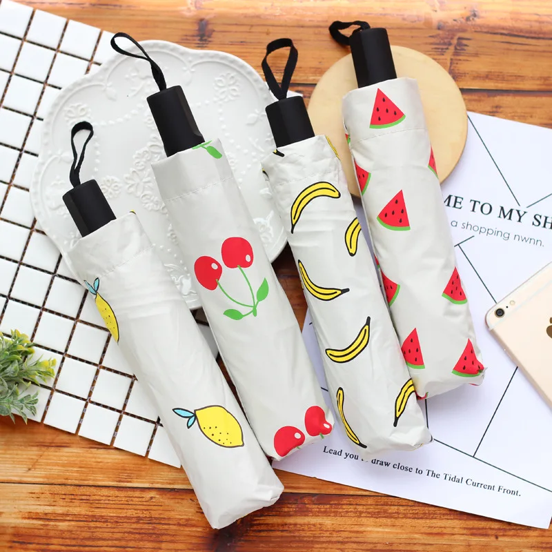 Cartoon Fruit Umbrella Of The Black Three Folding Ladies UV Protected Sun Protection Parasol Mini Pocket Umbre | Дом и сад
