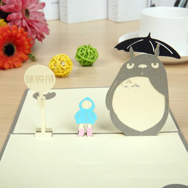 3D laser cut pop up paper Anime Totoro Holiday handmade Happy Birthday postcards greeting cards Gifts
