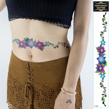 

5pcs/lot new waistbandLbelt waist tattoo sticker 42cm*6cm Under breast big colorful flower leg Sternum tattoos body paint girls