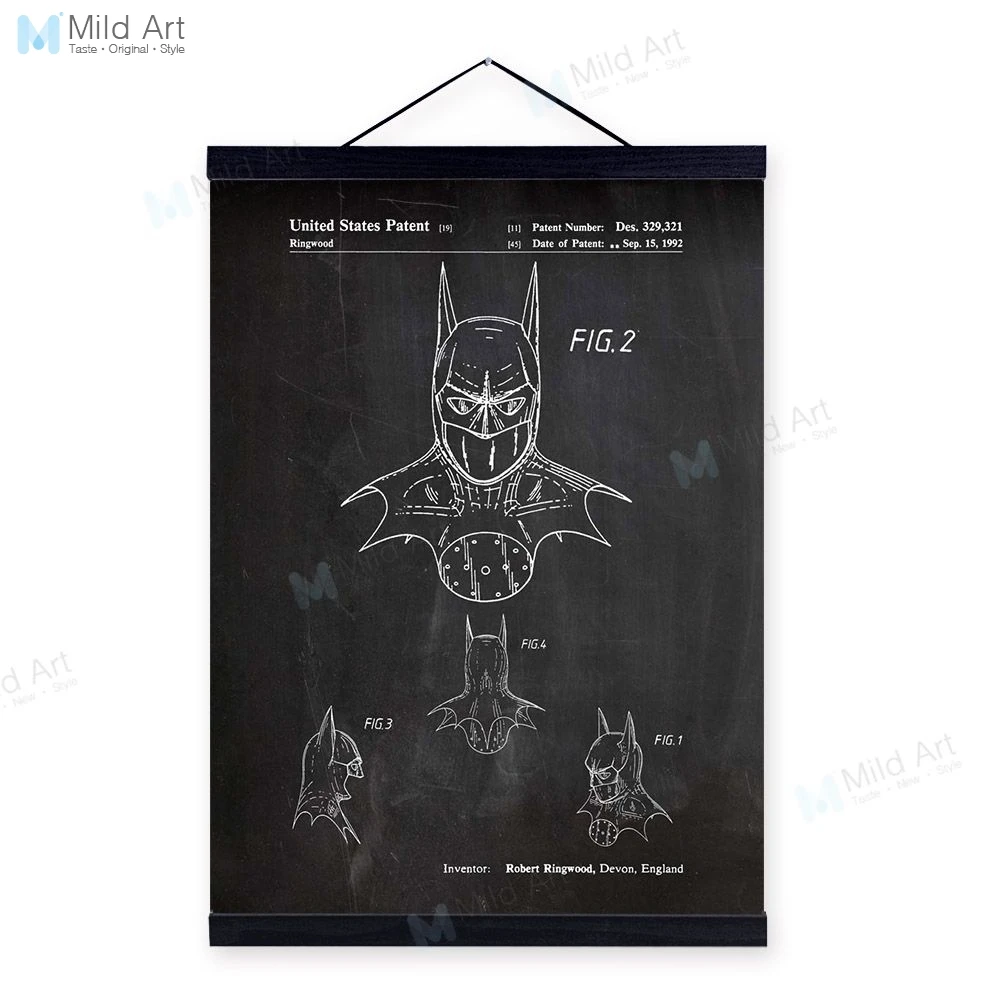 Черный винтажный запатентованный эскиз супер герой плакаты принт Бэтмен Автомобиль мальчик подарки автомобиль стены искусства картина домашний декор холст живопись