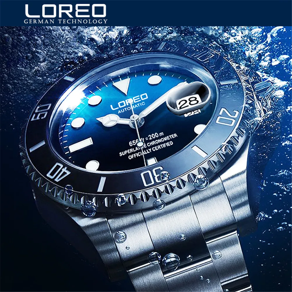 Automáticos de Aço 200m à Prova Novo Loreo Série Fantasma Água Clássico Azul Dial Luxo Masculino Relógios Inoxidável Dwaterproof Relógio Mecânico