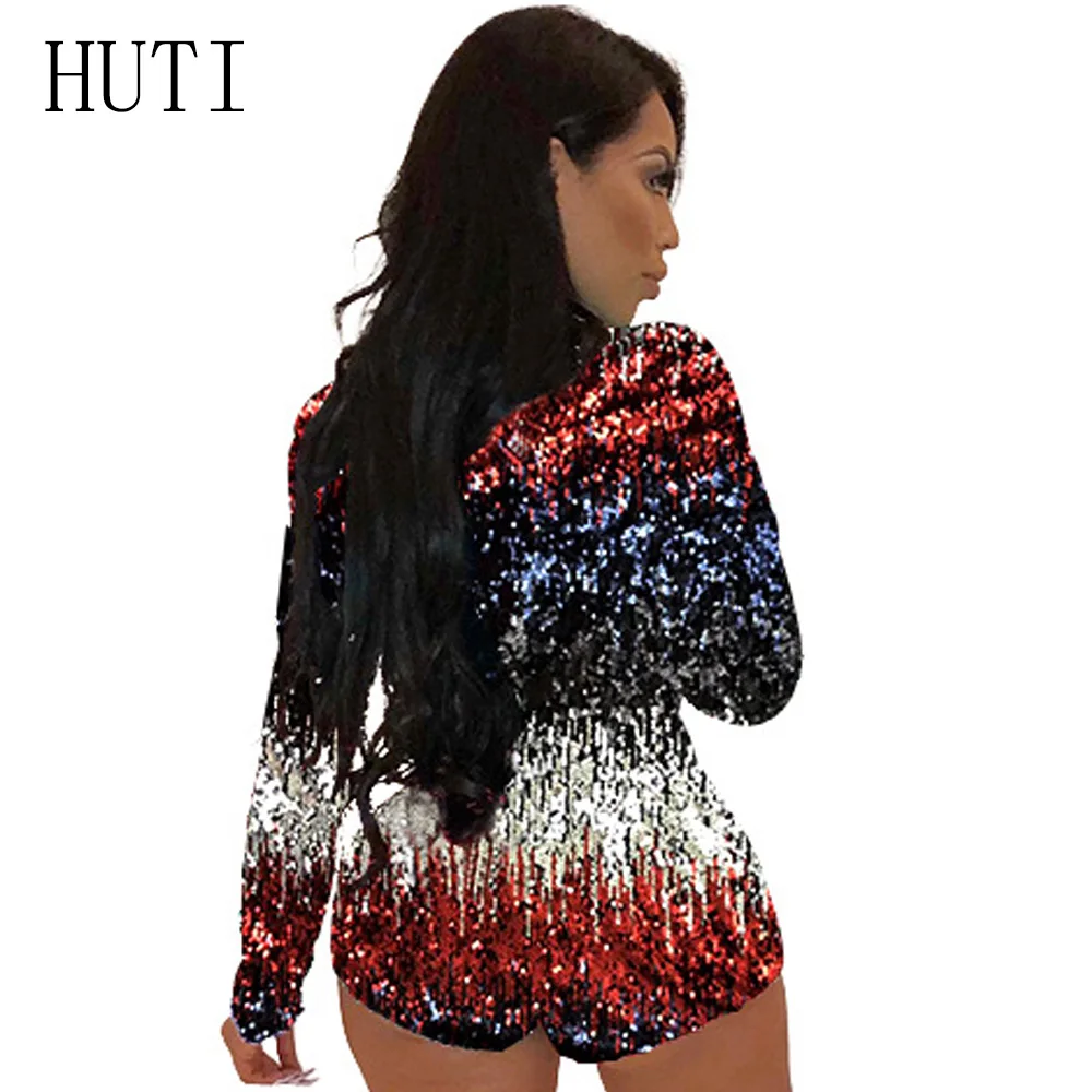 HUTI Charming Colorful Sequins Jumpsuit Rompers Sexy Deep V Neck Long Sleeve Playsuit Feminino Clubwear Skinny Jumpsuits