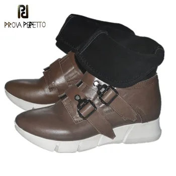 

Prova Perfetto Winter Concise England Buckle Strap Wedge Short Boots Retro Genuine Leather Pointed Toe Patchwork Women Shoes