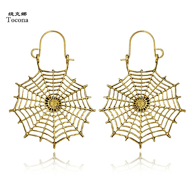 

Tocona Vintage Antique Gold Silver Hollow Spiderweb Shape Hoop Earrings Ethnic Piercing Earring Brincos for Women Jewelry 3617