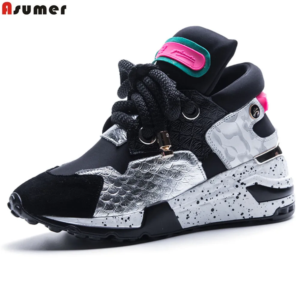 

Asumer hot sale new Four seasons shoes round toe lace up wedges shoes genuine leather+Synthetic casual sneakers women shoes