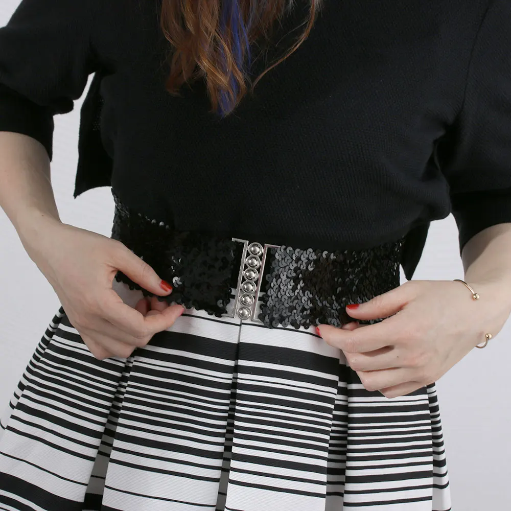 

1PC Lady Sequins Glittering Waistband Elastic Buckle Girdle Waist Belt Women Fashion Bowknot Leather Clothing Party Decoration