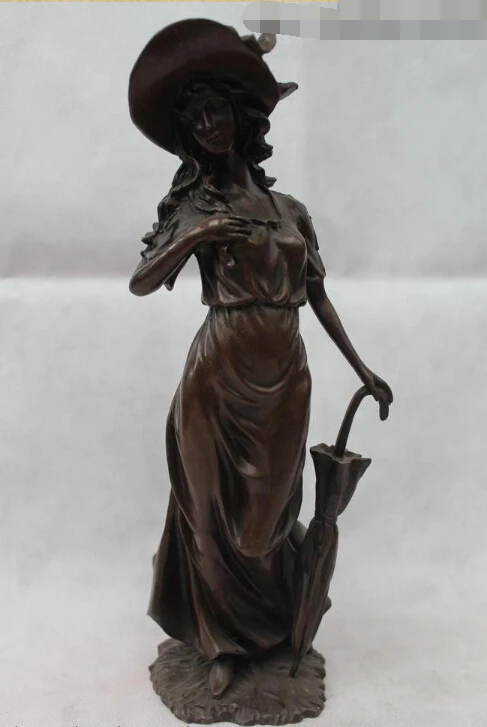 

13"Westen Bronze Marble Sexy Stand Belle Girl Lady Woman umbrella Art Statue