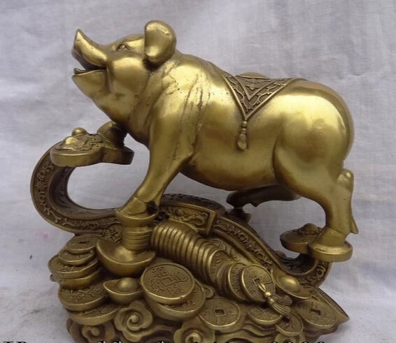

JP S0606 9" Chinese Year Zodiac Pure Brass Welath Cai Fu YuanBao Coin Pig On RuYi Statue