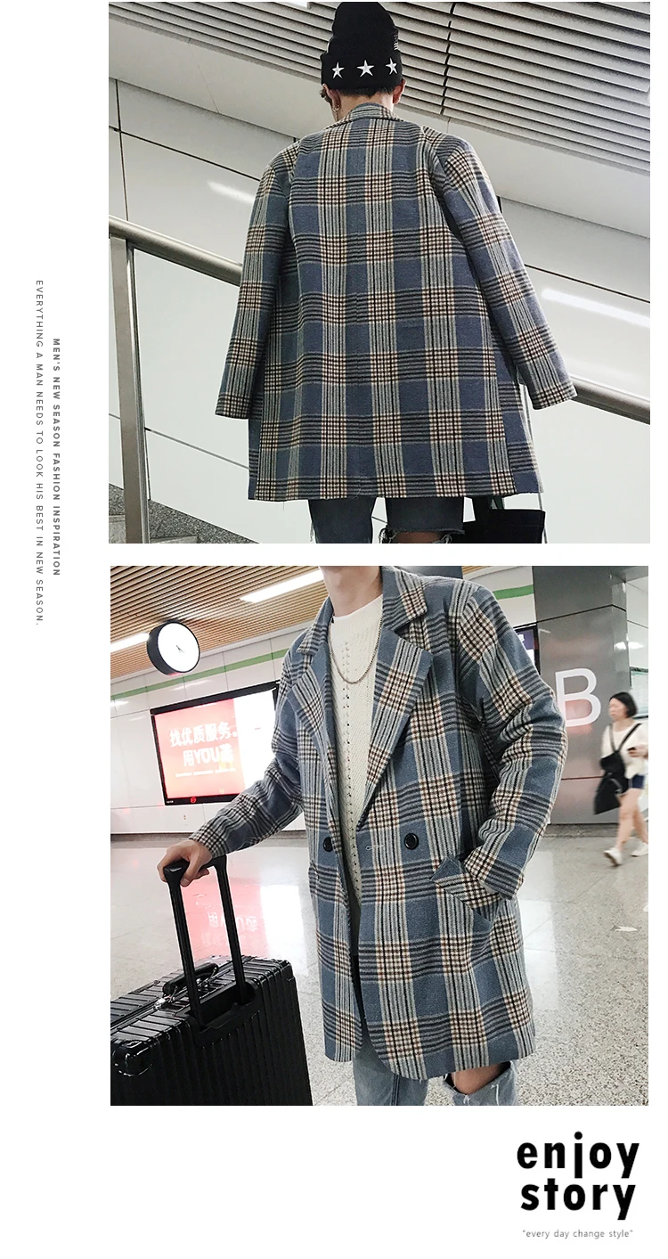 Корейская мужская мода Клетчатая Шерстяная Смесь Повседневная Свободная куртка серая/синяя ветровка средней длины кашемировое длинное пальто M-2XL