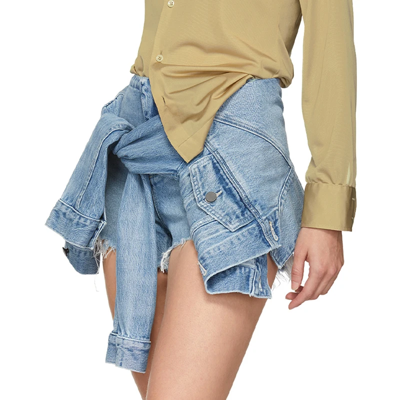 [LIVIVIO] Высокая талия женские джинсовые шорты со шнуровкой плиссированные меховые сплайсированные нерегулярные Горячие Брюки повседневные уличные сексуальные трусы