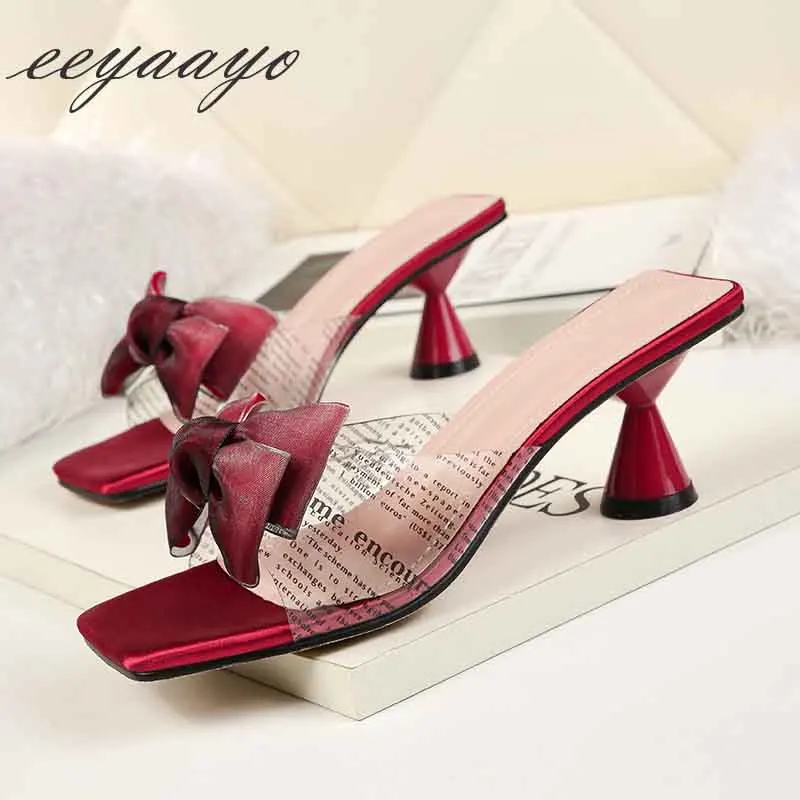 

2019 New Summer Women Mules Slippers High Spike Heel Butterfly-Knot Sweet Fashion Women Shoes Wine Red Outside Female Slippers