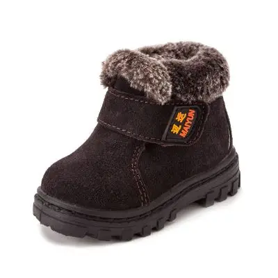 SKOEX/Зимние ботильоны для мальчиков и девочек; теплые плюшевые Водонепроницаемые кожаные детские кроссовки; Детские уличные ботиночки; обувь - Цвет: Coffee
