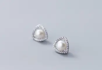 

1pair 100% Real. 925 Sterling Silver Fine Jewelry Freshwater pearl into the Triangle Geometric Stud Earrings white CZ gtle2042