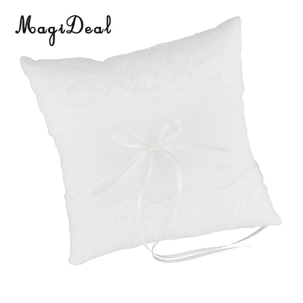 MagiDeal Delicate Wedding Ceremony Party Pearls Lace Ring Pillow Cushion Bearer for Engagement Marriage Proposal Decor White