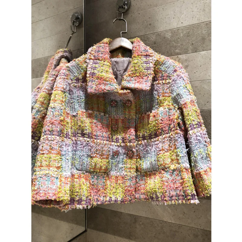 

High quality retro tweed jacket long sleeve Color check tweed weave Loose short coat women's jacket ladies coat coat silk lining