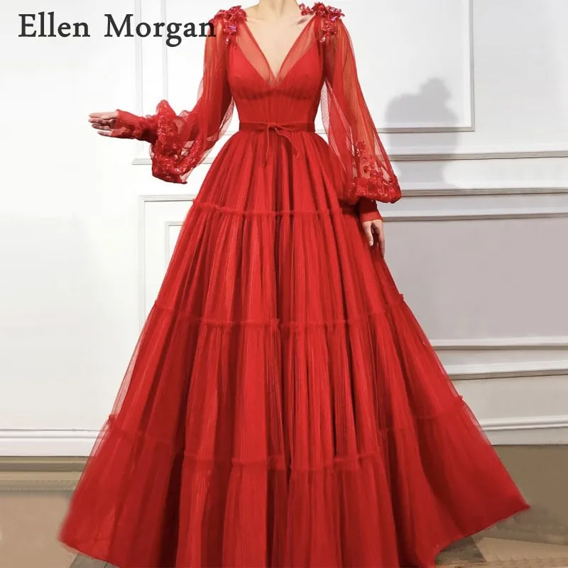 

Saudi Arabian Long Sleeves Evening Dresses 2019 Robe De Soiree Kaftan Dubai Moroccan Red Lace V Neck Vintage Formal Gowns