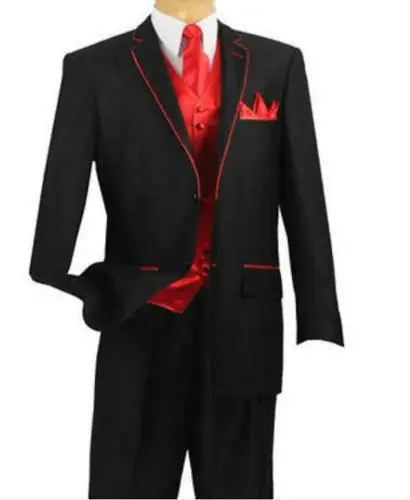 Формальные Для мужчин костюмы Свадебный ужин смокинг для жениха Best мужские костюмы куртка + брюки + жилет красной отделкой куртка Пром
