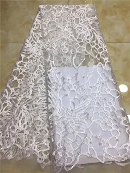 

2019 Pink french lace embroidered tulle lace with heavy sequins beaded nigerian Guipure lace fabrics for wedding dress white