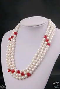 

Free shipping@@@@@3 Rows 8-9 MM WHITE PEARL RED JADE NECKLACE 18--20 inch