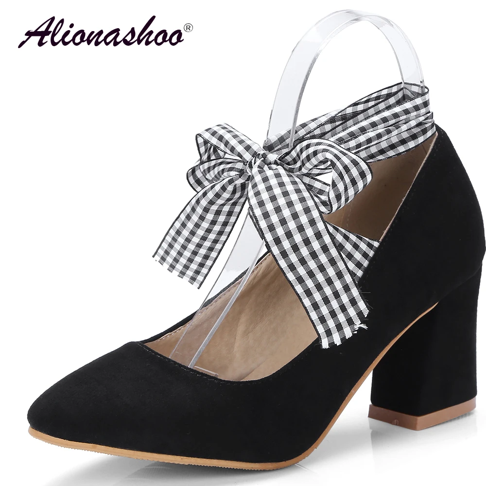 

Plus Size 34-46 2019 Spring Lace-Up Women High Heels Shoes Fashion Pointed Toe Flock Leisure Square High Heel Pumps For Ladies