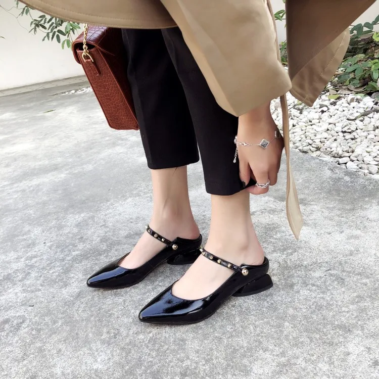 

Big Size 9 10 11 12 ladies high heels women shoes woman pumps One-word single shoe with thick heel with pointed shallow rivet