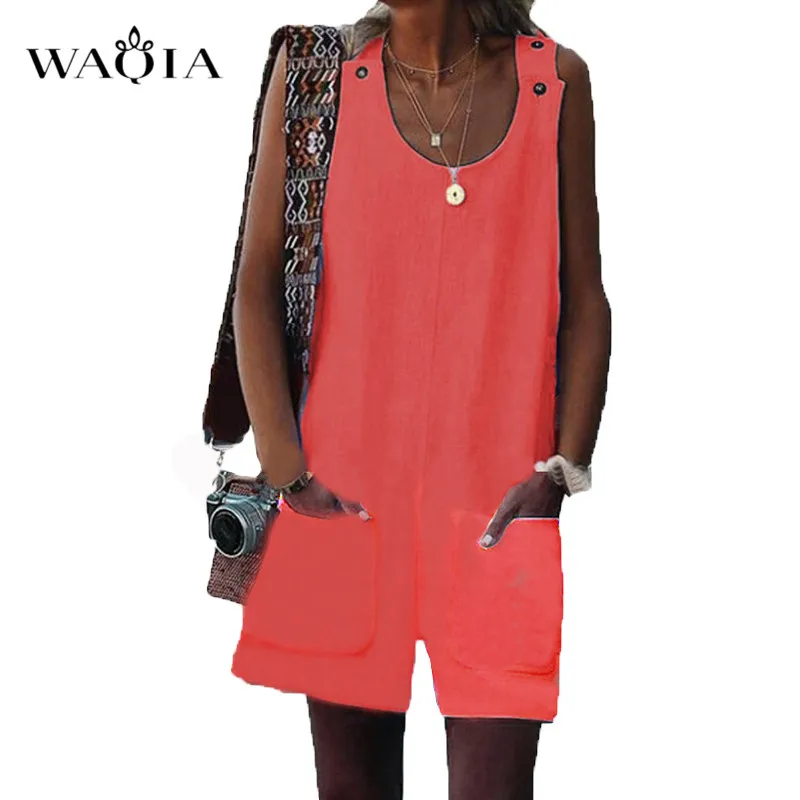 Красный WAQIA Women Cotton Linen Rompers Playsuit Ladies Kawaii Solid Strap Button Pocket Bib Overalls Bodysuit Jumpsuits Plus Size 5XL - Цвет: Красный