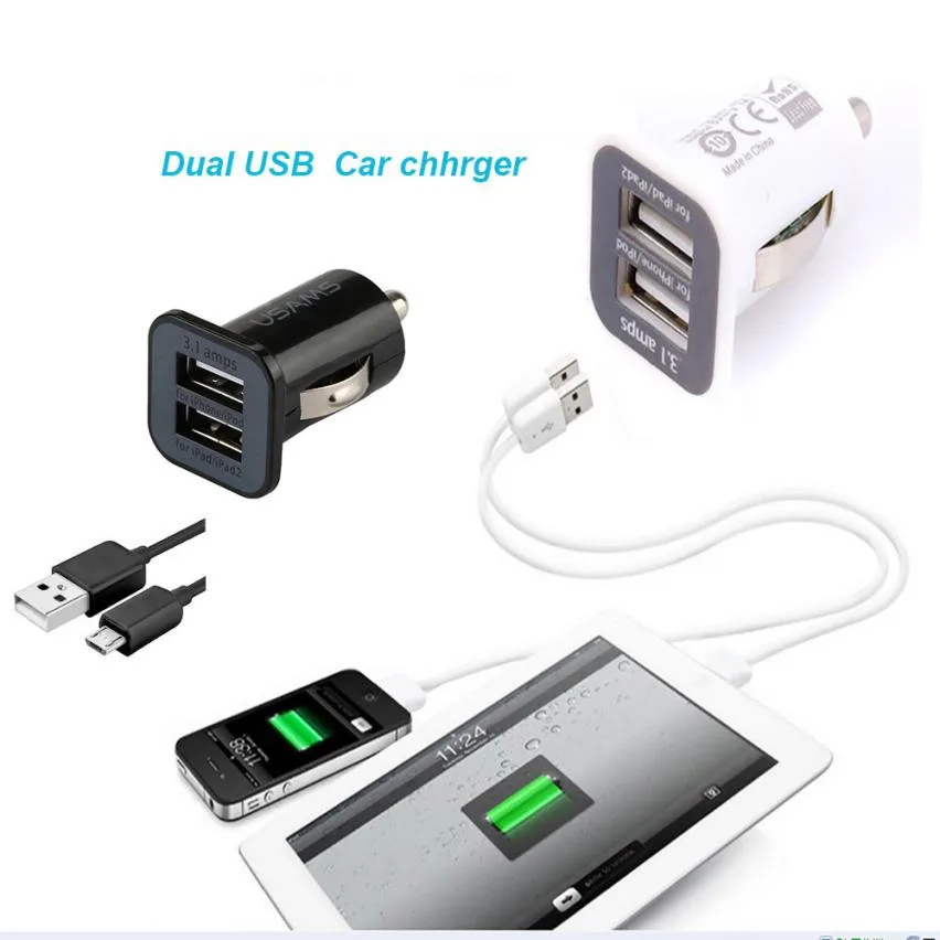Двойной USB 2 порта DC Автомобильное зарядное устройство 3.1A адаптер с микро кабелем